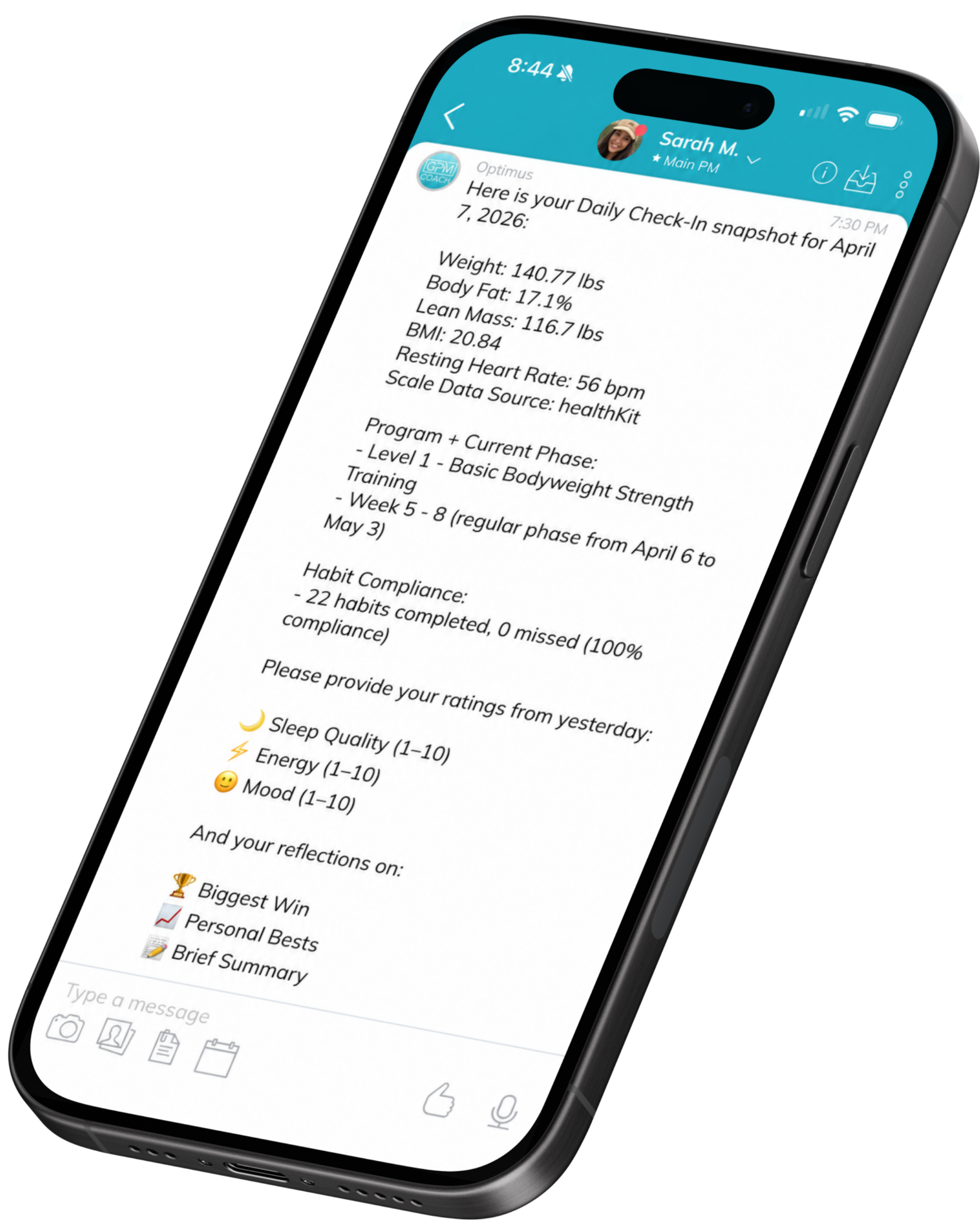 Optimus AI Coach delivering a daily check-in snapshot inside the GPM Method app
